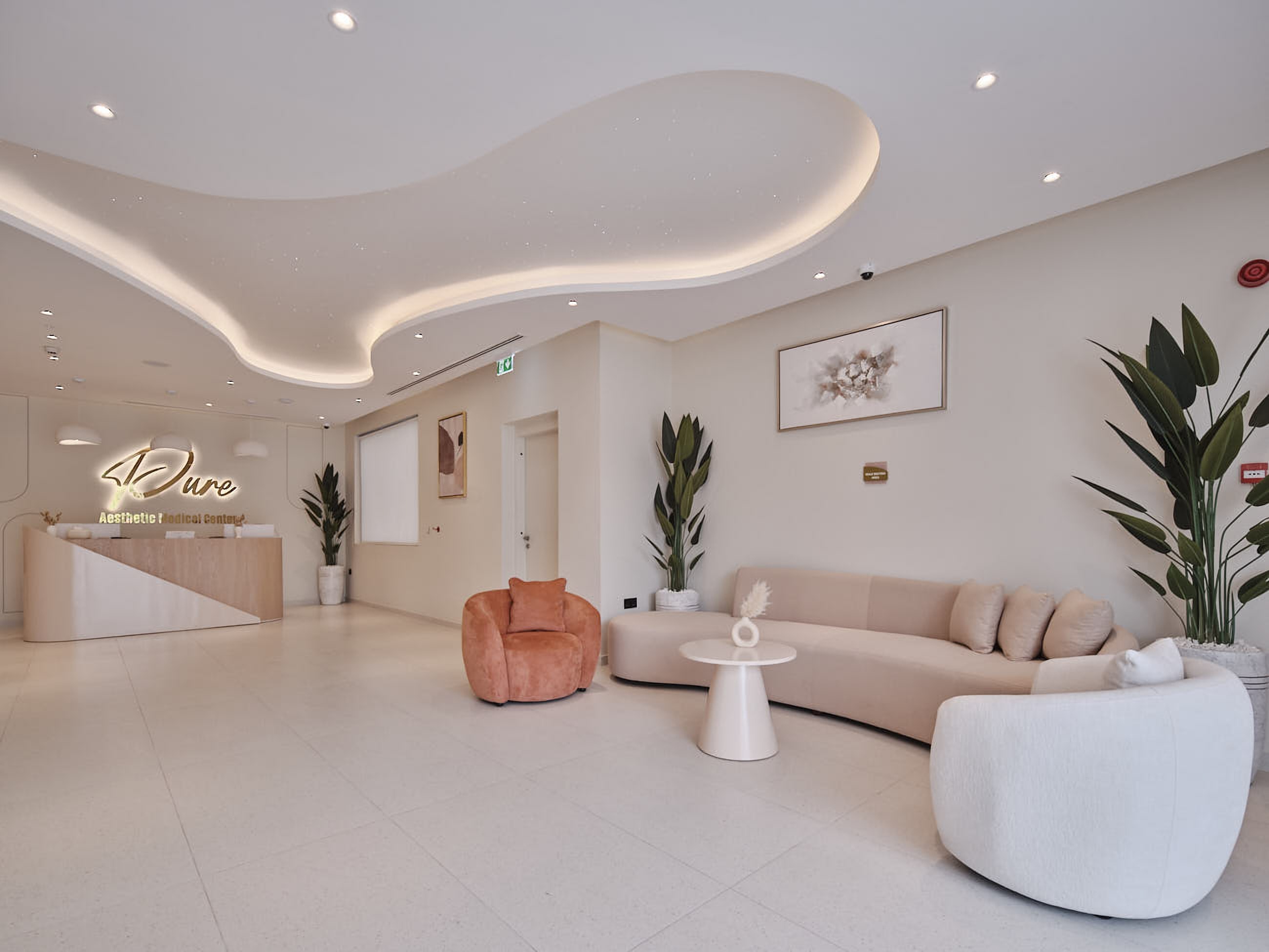 The patient lounge with curved seating